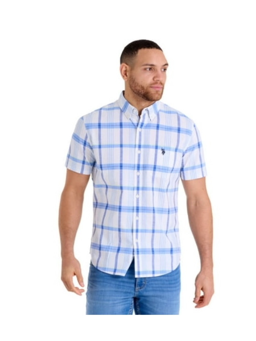 U.S. Polo Assn. White and Light Blue Plaid Short-Sleeve Button-Down Shirt